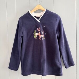 Croft & Barrow Petite Navy Blue Fleece Pullover Reindeer Embroidered Top PS‎